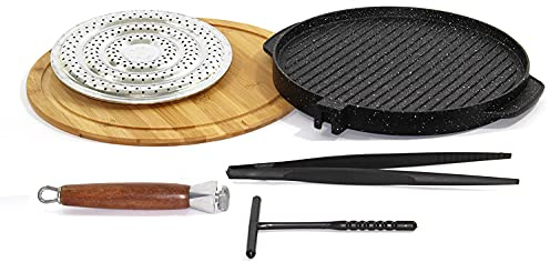 Padelle Tonda Doppia Cottura Del Testo Romagnolo In Pietra Lavica Antiaderente Liscia e Grigliata Black + sottopentola in legno Sagomato + Spargifiamma no condimenti cm28.