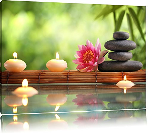 Pixxprint Herrliche Seerose mit Zen Steinen im Tempel, Größe: 60x40cm, Leinwandbild, fertig gespannt, Wandbild, Dekoration, Kunstdruck, kein Poster