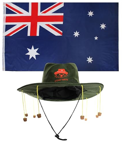Australia Fancy Dress Set - Australian Flag and Australian Cork Hat with Koala Print - Australia Day Fancy Dress Costume Accessory Set