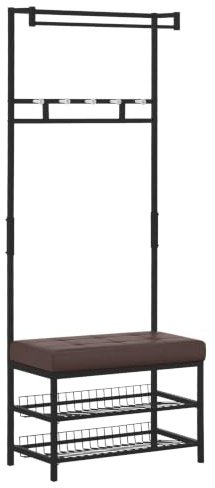 HOMCOM Garderobenständer, 5 Haken, Schuhbank, 2 Ebenen, 72,5 x35 x 180cm | Kleiderständer, Garderobe Aus Metall, für Flur, Schlafzimmer