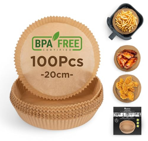 MasterPRO Foodies – bakpapper för varmluftsfritös, BPA-fritt, 100 stycken set runda 20 cm pappersformar för Air Fryer med 3–4,5 l korg, oblekt, perfekt tillbehör för AirFryer
