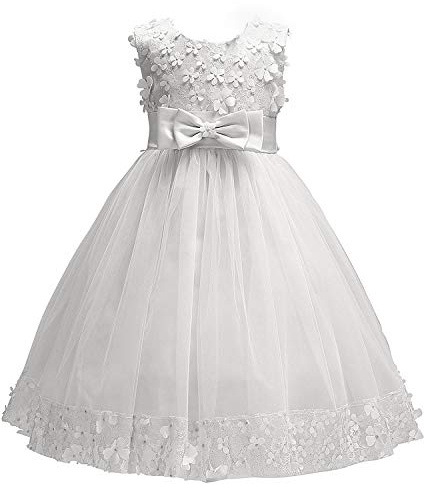 Discoball Vestido de princesa para niñas, vestido de tul con lazo bordado de encaje para niña, fiesta de cumpleaños, boda, dama de honor, primera comunión, blanco, 5-6 Años
