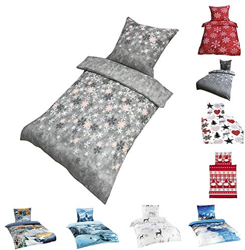 Leonado Vicenti Winter Flausch Bettwäsche Weihnachten Motive Microfaser Thermo Fleece, 135x200 cm + 80x80 cm Kristall Grau