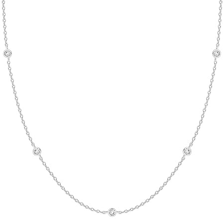 PAVOI Rhodium Plated Station Chain Necklaces for Women - Dainty Simulated Diamond Necklace - Layering Cubic Zirconia Chain