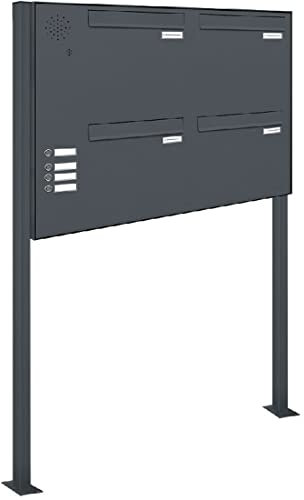 AL Briefkastensysteme 4er Durchwurf-Standanlage mit Klingel in Anthrazit Grau RAL 7016 4 Fach DIN A4 wetterfest Premium Briefkastenanlage