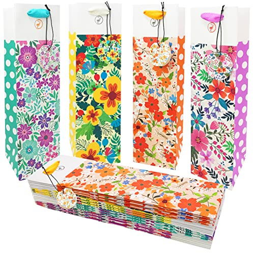Anzon Mories Polka Dot Floral Wine Gift Bags with Handle and Tags 12-Packs, 4 Designs Paper Single Bottle Carry Bag Bulk, 13.4 x 3.9 x 3.9 for Christmas, Birthday, Anniversary, Wedding, Xmas, Santa