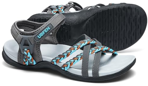 UBFEN Womens Hiking Sandal Sport Sandal Straps with Adjustable Hooks Arch Support Vacation Casual Comfortable Outdoor Adventure Camping Size 8 Gray White
