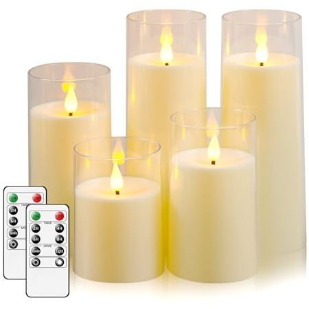 Fo32won Ivory White LED Flameless Pillar Candles Battery Operated with Remote Timer, 5 Pack 3D Flickering Acrylic Candles for Home Living Room Bedroom Fireplace Wedding Party Holiday Decor & Gift