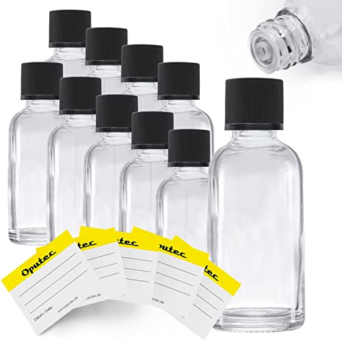 Oputec 10 x 30 ml Tropfflaschen aus Glas + 10 Beschriftungs-Etiketten - Apothekerflaschen mit Tröpfler - Kleine Glasflaschen mit Schraubverschluss