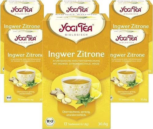 Yogi Tea Ingwer Zitrone, 6x17 Beutel (102 Teebeutel) | Ayurvedischer Bio Gewürz- und Kräutertee, von Natur aus koffeinfrei, Mischung aus Ingwer, Zitronenschalen, Minze