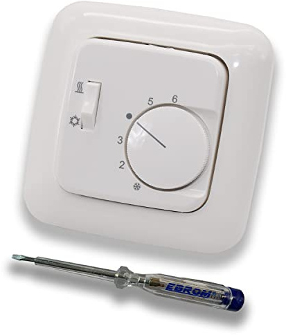 Halmburger Raumthermostat Raumtemperaturregler RTR-72rg mit Umschalter Heizen oder Kühlen in Busch Jäger Reflex SI alpinweiß im Rahmen + EBROM Phasenprüfer zur Montage des Geräts RTR-72 (rg)