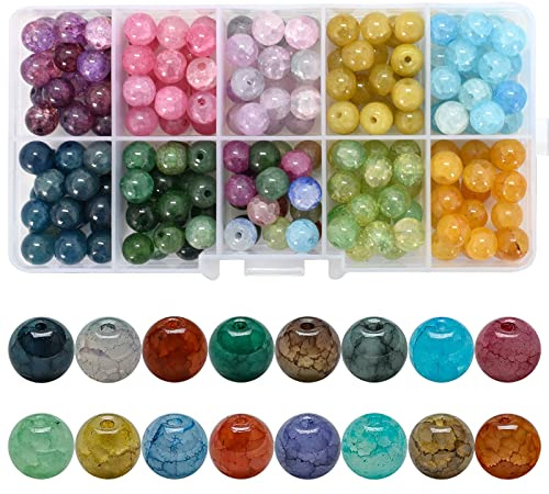 200 Pcs 8mm Round Crackle Glass Beads Assorted Crystal Beads with Hole Colorful Natural Loose Beads for Jewelry Making DIY Bracelet Necklace Earrings Crafts