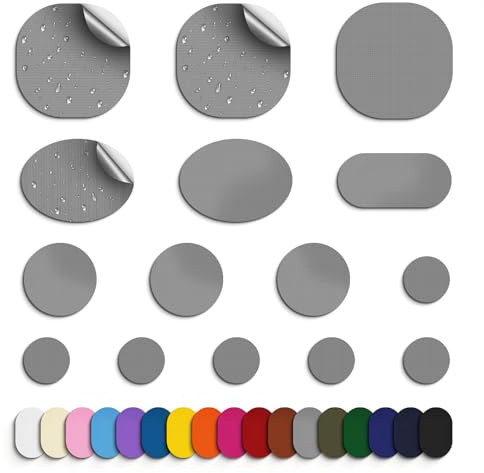 Skystuff Zelt Reparaturset & Flicken selbstklebend Stoff aus Nylon, 45 Stück wasserdichte Reparaturflicken für Daunenjacke, Zelt, Isomatte, kälte- & hitzebeständig, Patches für Jacke, Grau | No-Sew Heavy Duty Outdoor Gear Fabric Repair Patches for Down Jacket, Zelt, Rucksack, Durable Tear-resistant, Grey