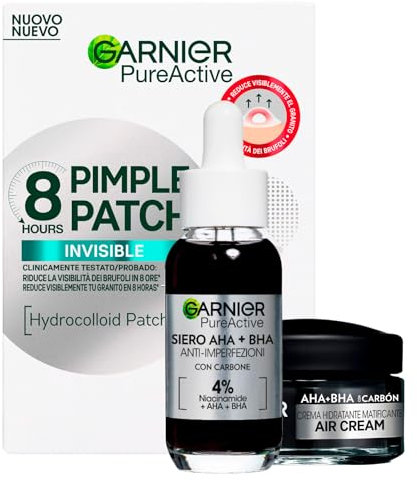 Garnier PureActive Pimple Patch 8 Ore Invisibile sulla Pelle 22 Cerotti + Crema Viso Idratante Matificante AHA BHA con Carbone da 50ml + Siero Anti Imperfezioni Trattamento Brufoli Punti Neri da 30ml
