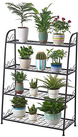 GUODDM Pflanzenständer Metall - Blumenständer 4 Ebenen, Modern Blumentopf Ständer Kräuter-Halte, Eisen Blumentreppe Blumenregal, Blumenhocker Pflanzentreppe, für Innen Und Außen Garten Balkon
