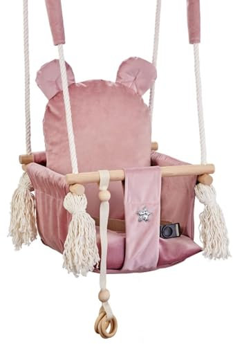 Love Gifts® Babyschaukel aus Holz hochwertig und geeignet als Indoor Schaukel, montierbar an der Decke sowie im Türrahmen, Bär-Rose, Made in EU