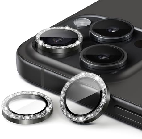 JETech Kameraschutz für iPhone 15 Pro 6,1 Zoll und iPhone 15 Pro Max 6,7 Zoll, Bling Glitzer Individuelle 9H Gehärtetes Glas Metallring Abdeckung, HD Klar, 1 Set (Schwarzes Titan)