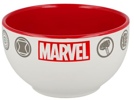 Elbenwald Ciotola per Cereali Marvel - Ciotola con Icone Spider-Man Iron Man Hulk Thor e Captain America Motivo - 600 ml - Altezza 8 cm - Ø 13 cm - Ceramica - Bianco Rosso