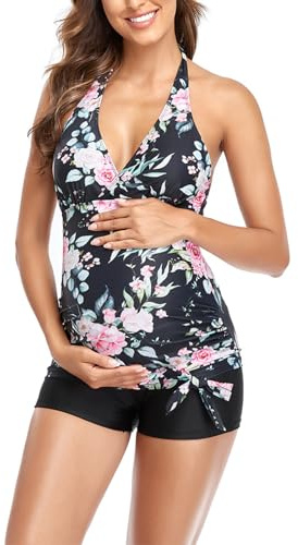 Daysskk Tankini för gravida kvinnor tvådelad baddräkt graviditet mammabaddräkt nackhållare kvinnor S–XXL, svart, L