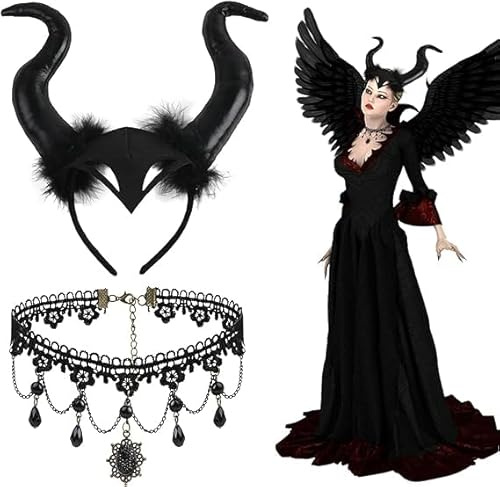 DERAYEE Haarband Dämonenhorn Kopfschmuck,Spitze Halskette Schwarz Set für Halloween Dekoration,Gothic, Cosplay, Damen, Mädchen, Hexen,Karneval,Party