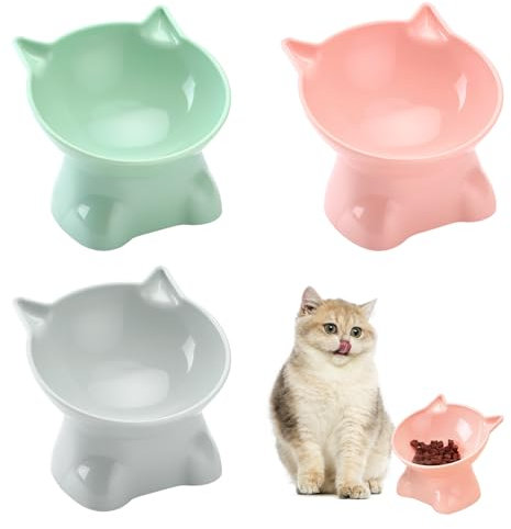TNSLAND Katzennapf 3er Set, Katzennapf Erhöht mit 15° Neigung, Nackenpflege Katzenschüssel, Anti-Kotz Erhöhte Katzennäpfe, Kunststoffe Katzenfressnapf Wasser Katzennäpfe Erhöht Katzen Futternapf