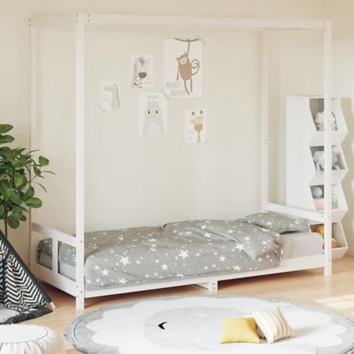 Hommdiy Kinderbett, Kinder Bettgestell mit robusten Latten, Himmelbett für Kleinkinder zwischen 18 Monaten und 4 Jahren, Einzelbett Kinder Holzbett Stil G,80 x 200 cm，Weiß