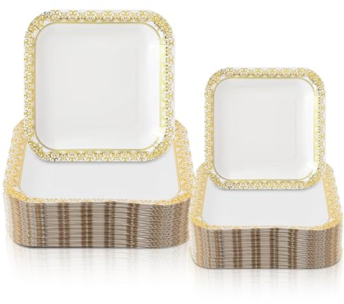 ASMIZ 100 Pcs Disposable White and Gold Paper Plates, Square Party dinnerware Set with Golden Trim, 50 x 9 and 50 x 7 Dinner Dessert Plates for Easter Wedding, Cocktail Party, Birthday, Gathering