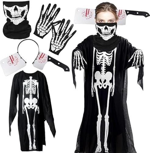 Capgoost Halloween Skelett Kostüm - Sensenmann Halloween Kostüm mit Maske und Handschuhen, gruseliges Karnevals Cosplay