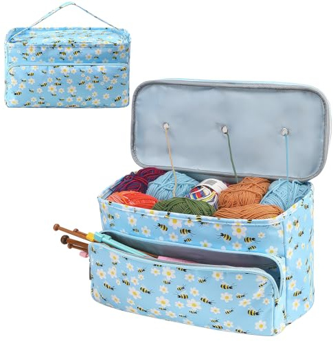 Aeelike Blaue Stricktasche Wolle Tasche für Garn mit 3 Garnloch, Tragbar Aufbewahrungstasche für Unterwegs, Dauerhaft Handarbeitstasche für Stricken Garn, Zubehör, Stricknadeln Aufbewahrung
