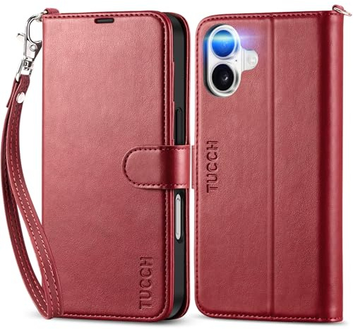 TUCCH Wallet Case with Wrist Strap for iPhone 16 (6.1), Dark Red | 4 Card Slots, RFID Blocking, Kickstand, Shockproof TPU Shell, Premium PU Leather, Magnetic Closure, Folio Flip Cover
