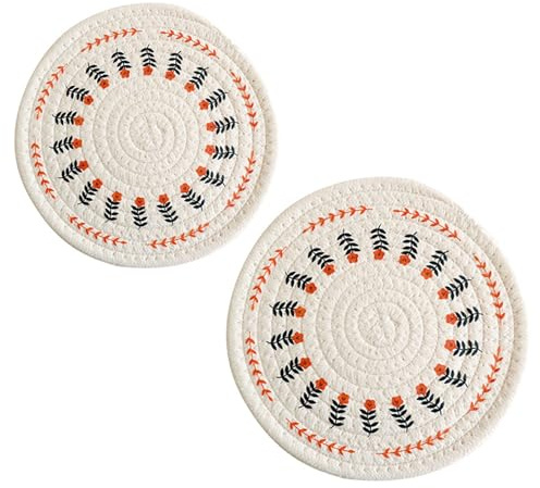 FDDU 2 Stücks Rundes Baumwoll-Tischsets, Boho Platzteller, Weiß, 13 cm x 72, Hitzebeständig, Geschirrmatten, Auflaufformen, Teetassenmatten, Topfmatten