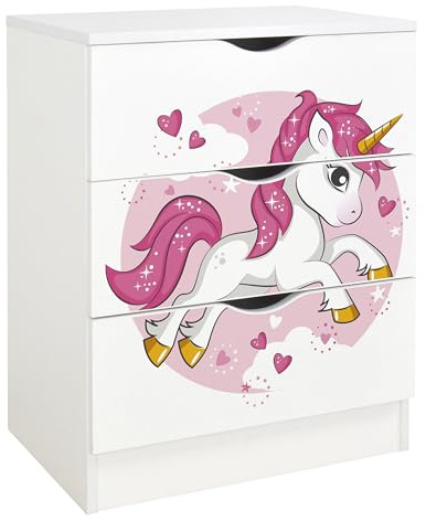 Leomark vit byrå med 3 lådor 60 x 42 x 78 cm (H), trä sovrumsmöbler skandinavisk stil för barns, perfekt för sovrum, vardagsrum, barnrum och ungdomsrum, ROMA med UV-tryck rosa Enhörning