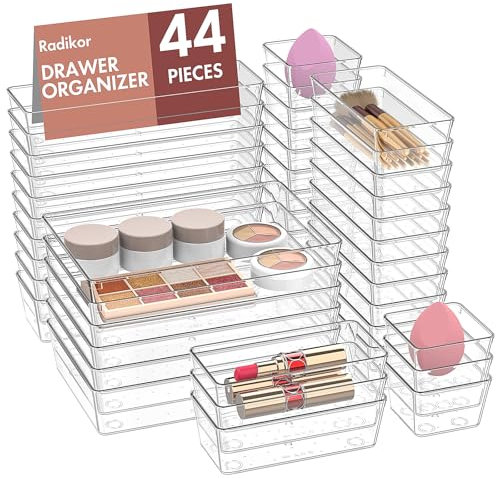 Radikor Drawer Organiser Set, 44pcs Clear Plastic Makeup Drawer Organiser Trays, 4-Size Desk Drawer Inserts/Dividers, Acrylic Storage Bins for Make Up, Cosmetic, Vanity, Officce, Bathroom