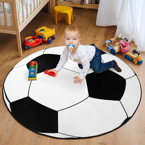 GthreeD Soft Area Circle Soccer Rug, 120 cm Gifts for Boys Girls, Shag Bedside Rug for Kids Teens, Soccer Lovers Room Decor Indoor Round Carpet for Bedroom Living Room, Nursery, Machine Washable