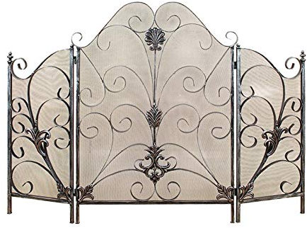 Kaminschutz, Kaminschutz, 3-teiliger Kaminschutz, schmiedeeiserner Rahmen mit Metallgeflecht, dekoratives Vintage-Dekormuster, freistehender Funkenschutz, 48 BX 31,5 H, Funkenschutz
