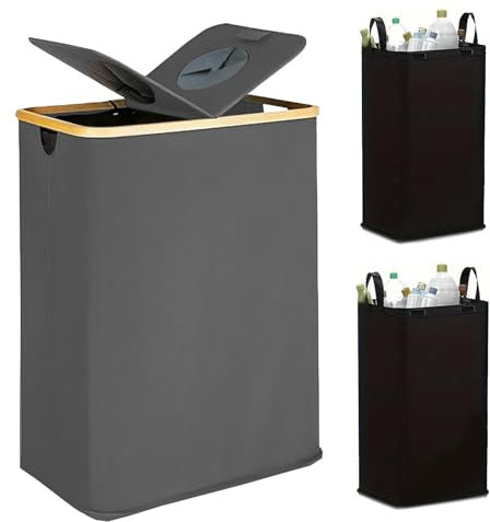 Bacs de recyclage vides pour cuisine, 140 L, pour intérieur et maison avec couvercle et 2 sacs intérieurs amovibles réutilisables pour bouteilles, canettes et plastiques (gris)