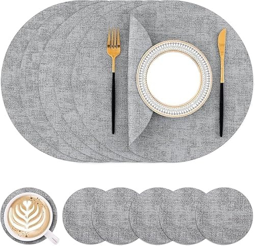 Homaxy Tischsets Abwaschbar, Rund Doppelseitig Abwischbar Wasserdicht rutschfest Platzset, Kunstleder Hitzebeständige Platzdeckchen mit Untersetzer (6er Set, Hellgrau)