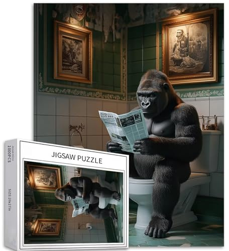 Gorilla Reading Journal – 1000-teiliges Puzzle für Erwachsene – Niedliches und spaßiges nordisches Kunstpuzzle für das Badezimmer – Familienaktivitätsspiel – Buntes Puzzle für Inneneinrichtung –