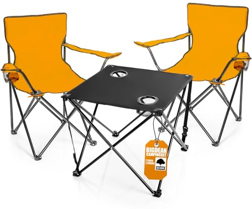 BigDean 2X Campingstuhl mit Campingtisch faltbar Orange Schwarz | Faltstuhl mit Getränkehalter & Tisch & Tragetasche - ideal für Camping, Festival & mehr