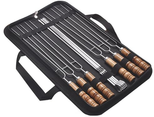 Bafnsiji Doppel Spieße, Grillspieße, Edelstahl Spieße Sticks, BBQ Spieße Kabob Spieße zum Grillen, Holzgriff Edelstahl BBQ Spieße mit Oxford Aufbewahrungstasche