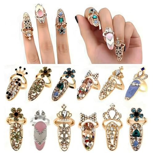 NICENEEDED 12 anillos de uñas de lujo para mujer, anillo de uñas de moda con lazo, anillo brillante con decoración de diamantes de imitación, joyería de arte de uñas ajustable para mujer