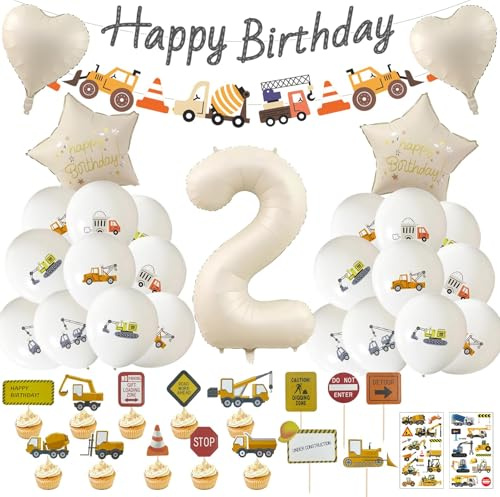 64 Stück Bagger Geburtstag Deko 2 Jahre | Bagger Folienballon 2 Jahre, mit Baustellen Tattoo, Banner und bagger Tortendeko, Geburtstagsdeko Traktor 2 jahre