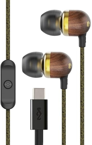 House of Marley Smile Jamaica Wired USB-C Earphones with 9.2mm Driver - Sustainably Crafted Earbuds, Tangle-Resistant Cable, In Ear Headphones with In-Line Microphone for Music & Calls, Brass