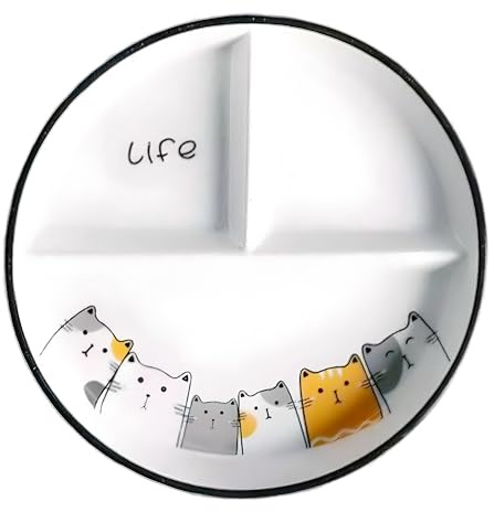 CompadreBol Piatti Divisi In Ceramica, Piatto di Porcellana con 3 Scomparti, Piatti da pranzo per Frutta Insalata Dolci Pasta e Bistecche. Adatti per Microonde e Forno (Disegno di gatti)