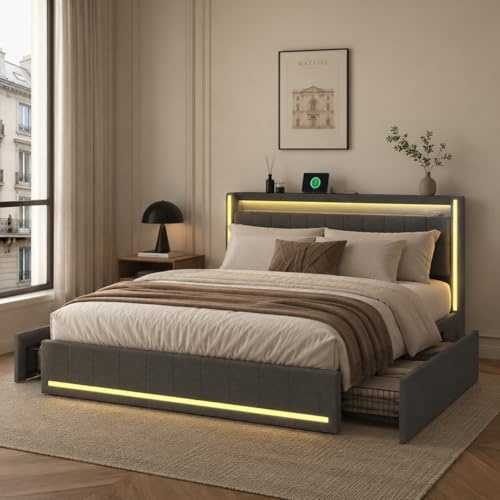 MIOOSUT Dubbelsäng med 4 lådor, vadderad säng med förvaring av dubbelsäng med LED-sängunderlag och USB-bagageutrymme 180 x 200 cm, med 2 personer (grå-B, 180 x 200)