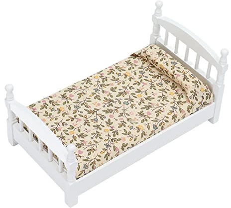 Bonbela Puppenhausbett aus Holz Im Maßstab 1:12, Miniaturbett, Puppenhausmöbelset mit Matratzenkissen für Kinderpuppenzubehör