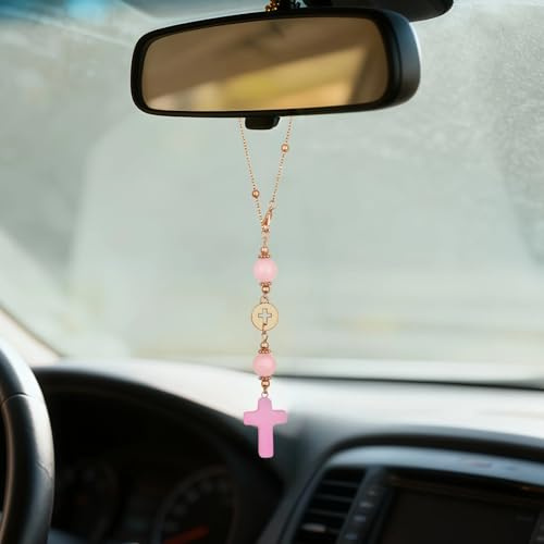 AMZAUTO Crystal Cross Car Mirror Hanger, Stone Cross for Rear View Mirror, Car Rearview Hanging Ornament, Cute Rose Quartz Crystal Pendants Decorations Accessories for Women, Pink