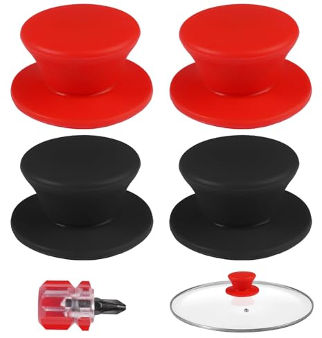 4 Silikon Topfdeckelgriffe 5cm Hitzebeständig, BPA-frei mit Schrauben | Universeller Ersatzknopf für Töpfe, Pfannen und Kasserollen(rot+schwarz)