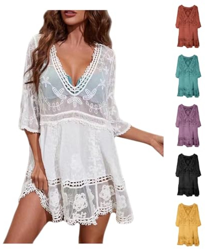 YGERGWE Beach Cover Up for Women Lace V Neck Boho Summer Holiday Beach Dress 3/4 Sleeve Bikini Swimwear Coverups Sheer Hollow Out Mini Sundress Kaftan Beachwear