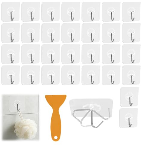 leruiyezs 30 Piezas Ganchos Adhesivos Con Raspador,Para Pared Transparentes Extra Fuertes,Ganchos Autoadhesivos Impermeables Colgadores Resistentes Hasta 10 Kg Para Cocina Baño Techo Y Pared